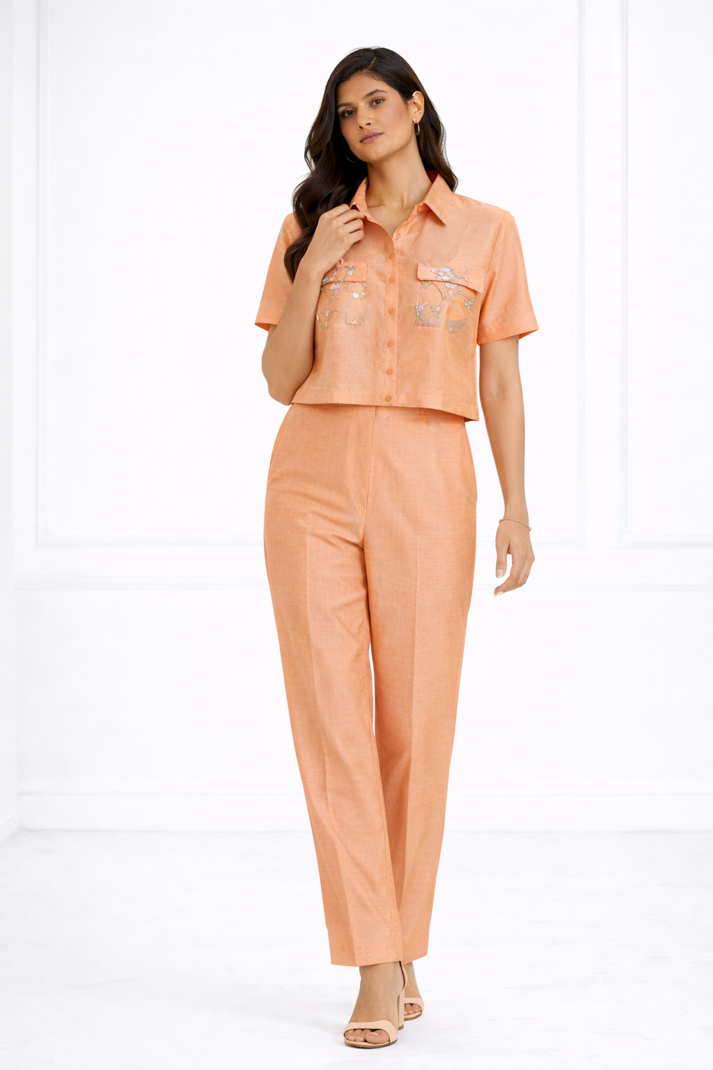 Peach Raw Silk Co-ord Set with Shirt Collar & Pant
