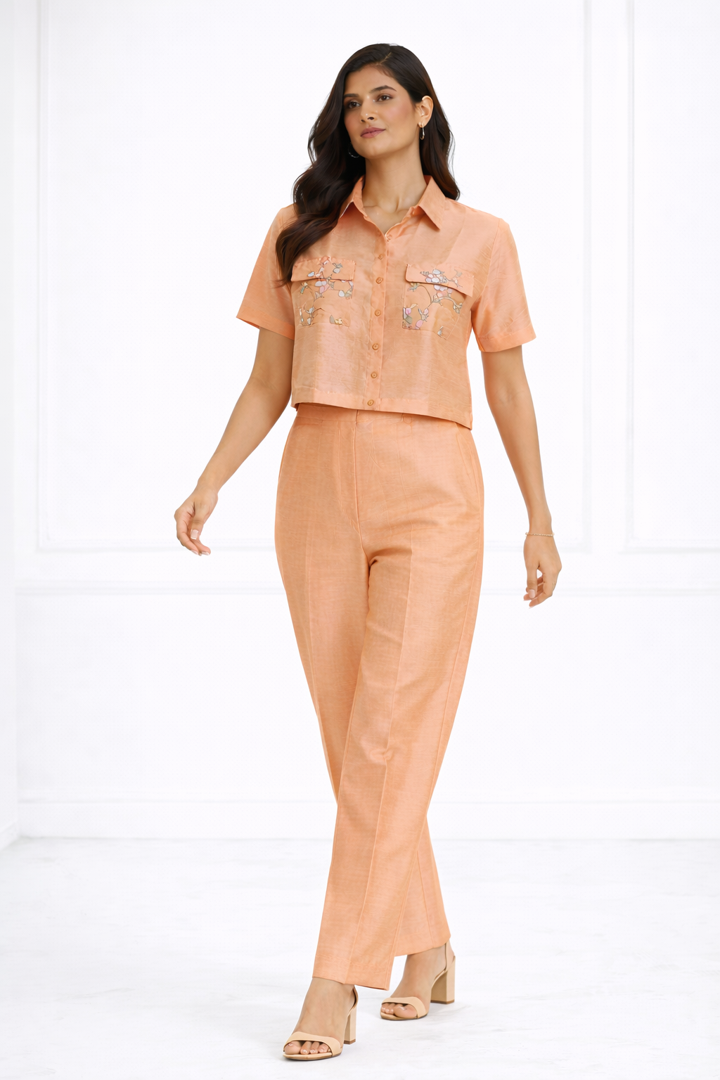Peach Raw Silk Co-ord Set with Shirt Collar & Pant