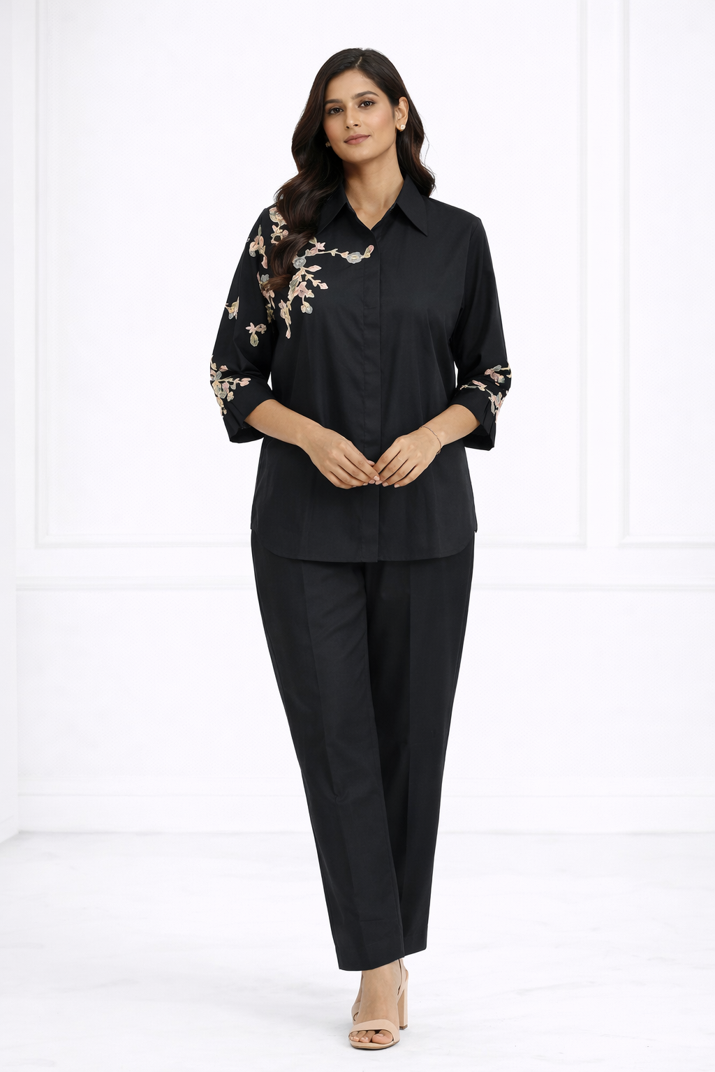 Black Cotton Satin Co-ord Set with Shirt Collar & Pant
