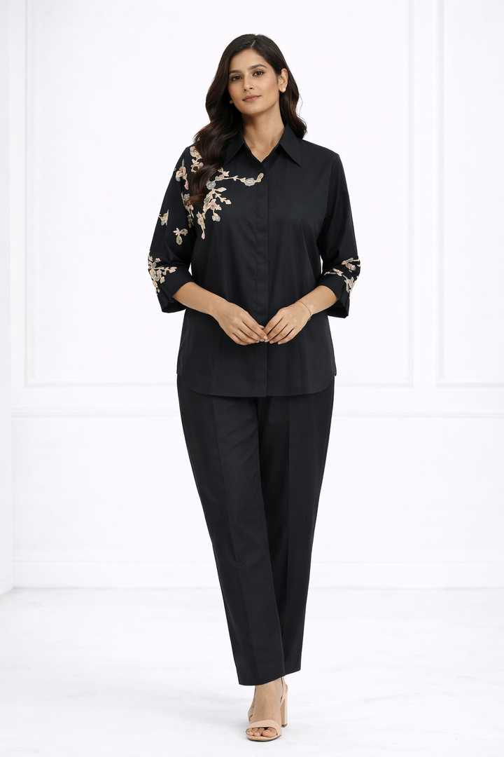 Black Cotton Satin Co-ord Set with Shirt Collar & Pant