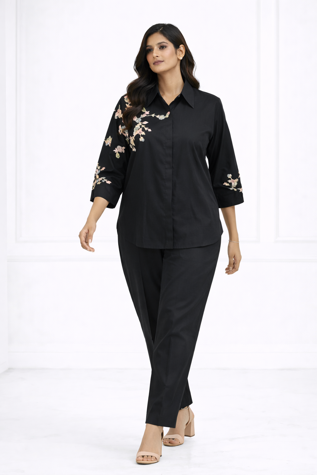 Black Cotton Satin Co-ord Set with Shirt Collar & Pant