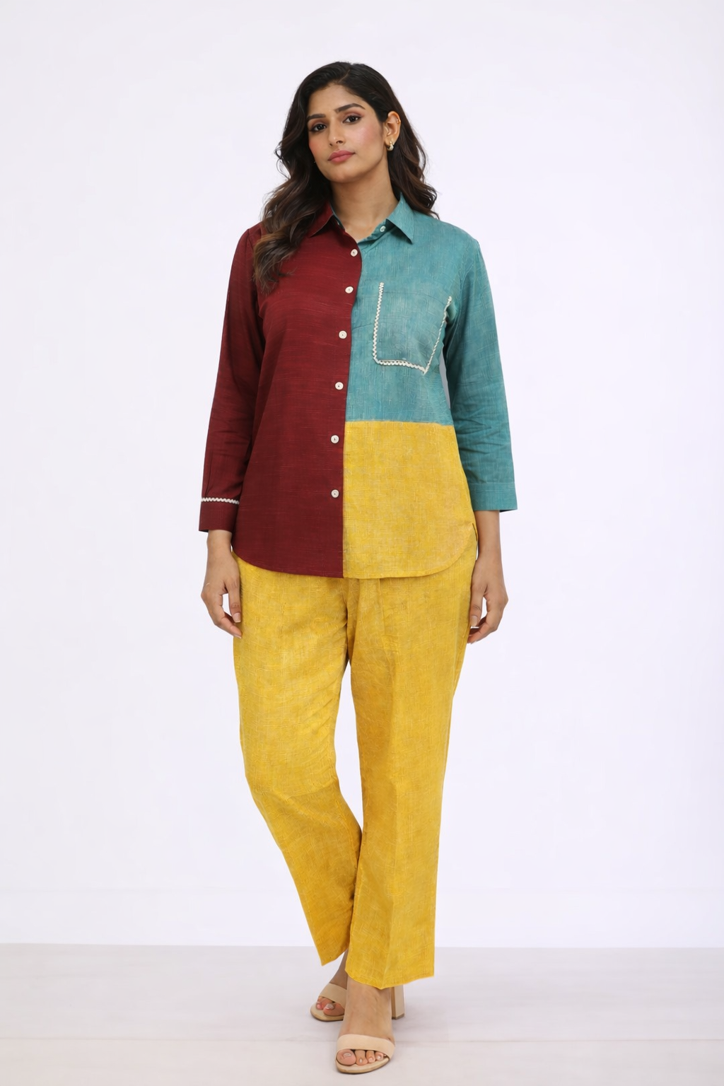 Multi Color Linen Co-ord Set with Shirt Collar & Pant