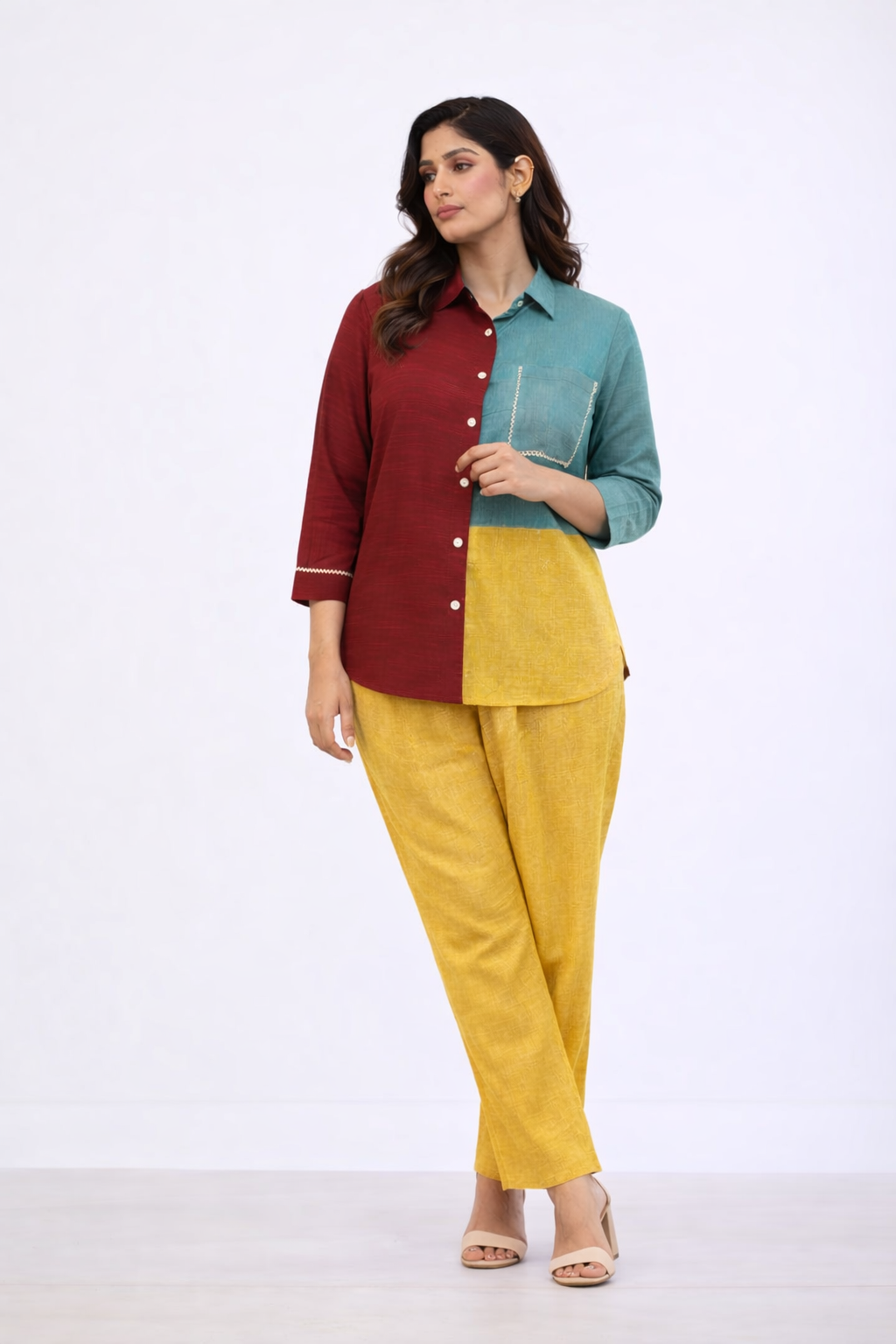 Multi Color Linen Co-ord Set with Shirt Collar & Pant