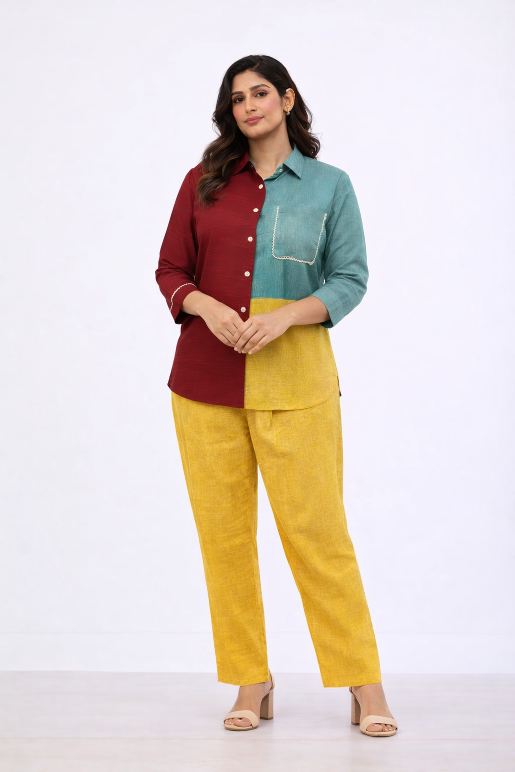 Multi Color Linen Co-ord Set with Shirt Collar & Pant
