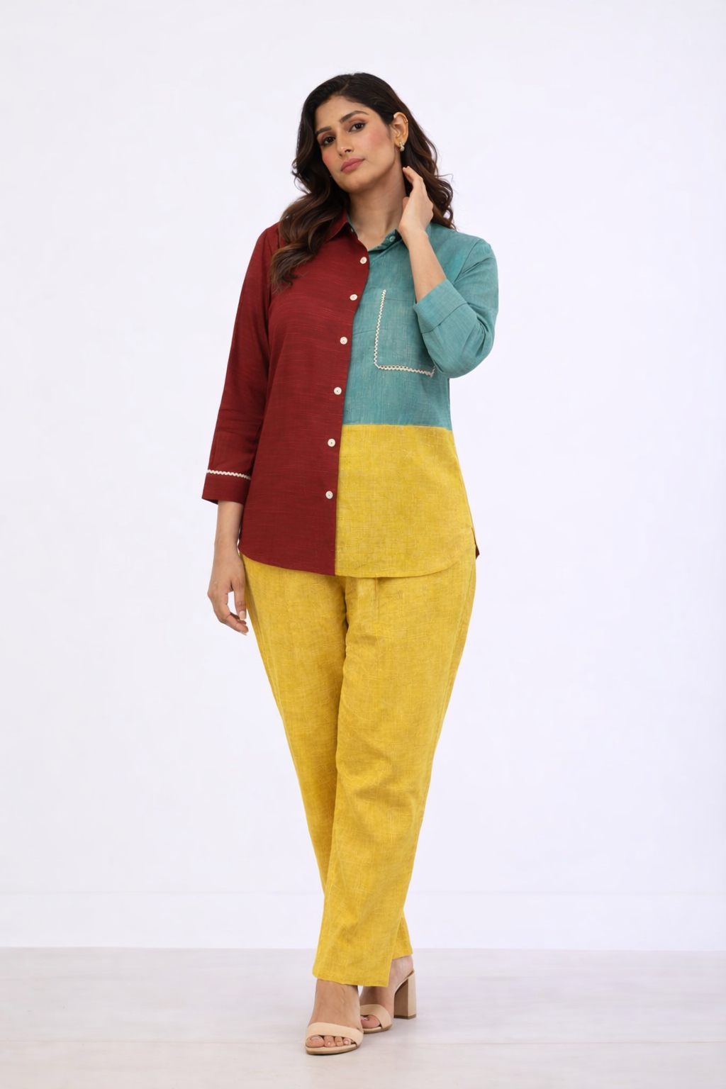 Multi Color Linen Co-ord Set with Shirt Collar & Pant