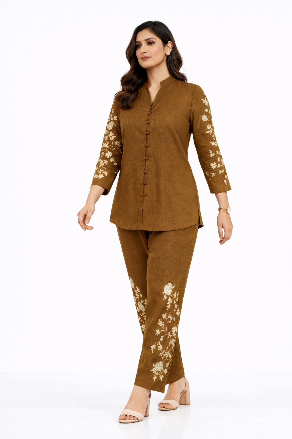 Mehndi Green Linen Embroidered Co-ord Set for Women