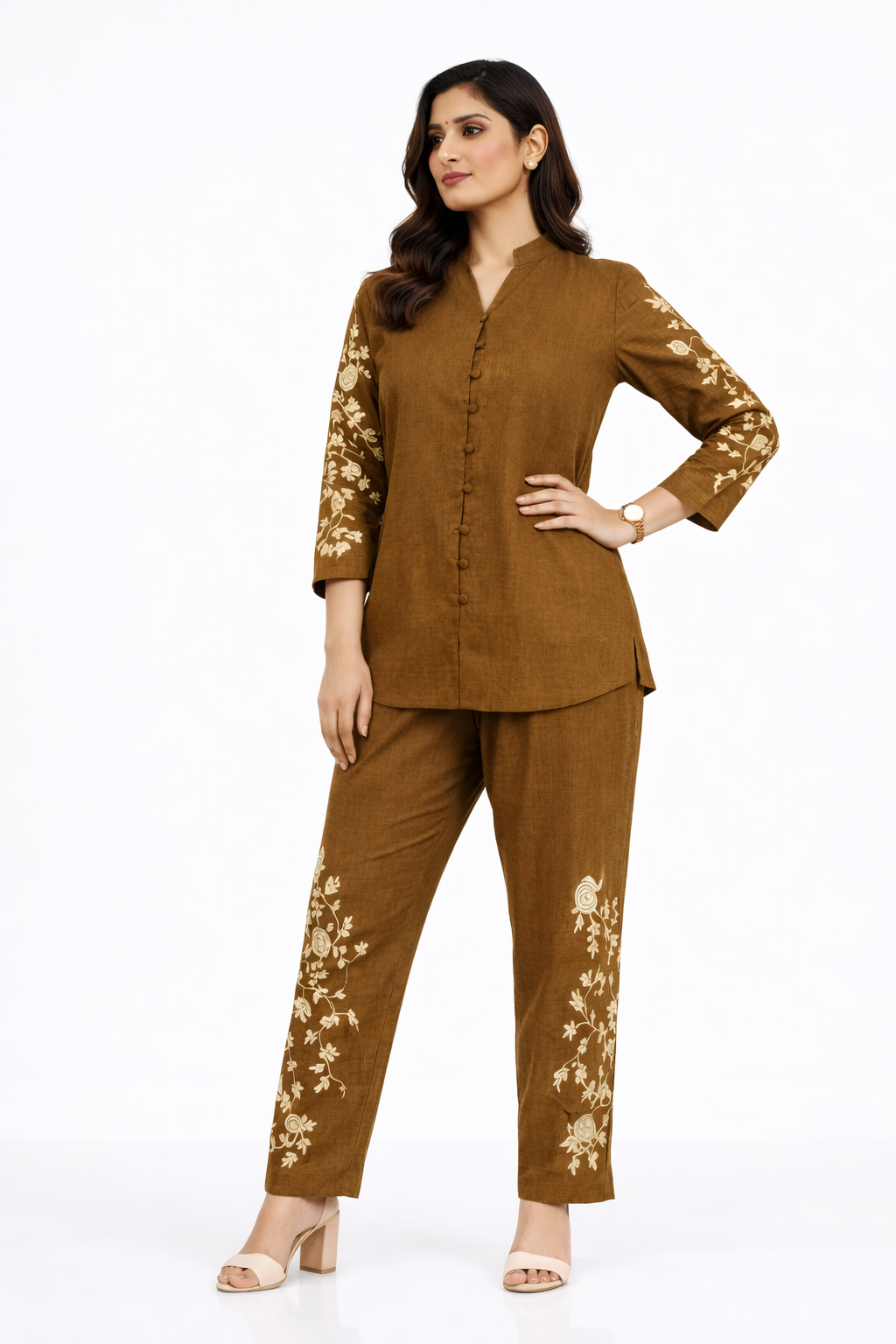 Mehndi Green Linen Embroidered Co-ord Set for Women