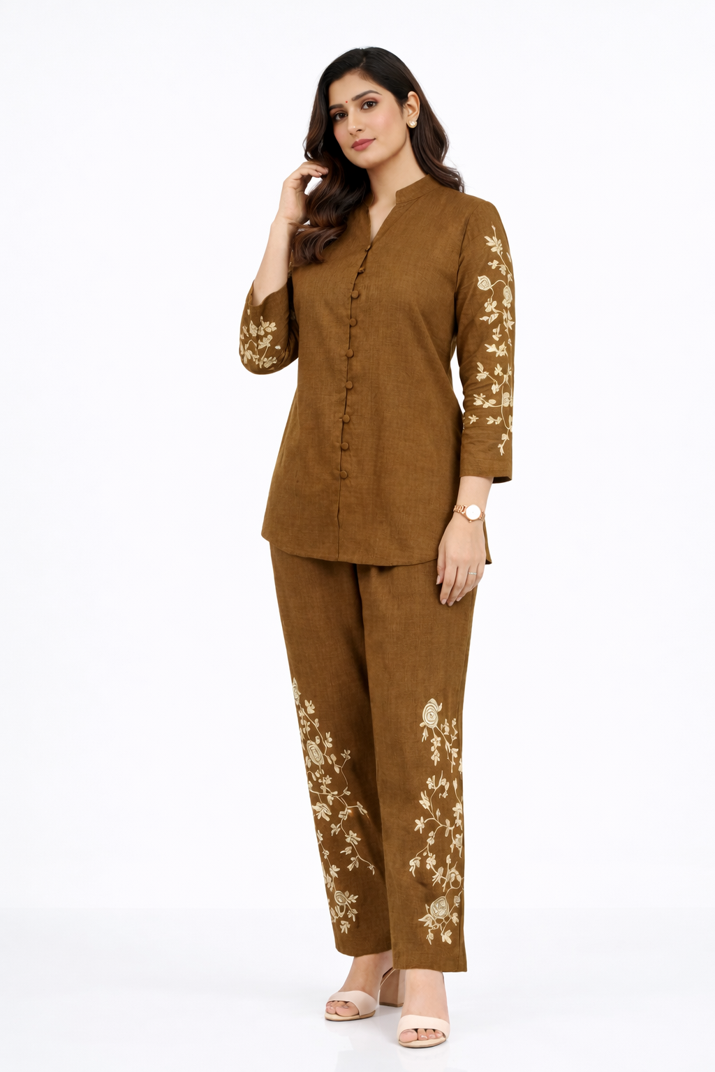 Mehndi Green Linen Embroidered Co-ord Set for Women