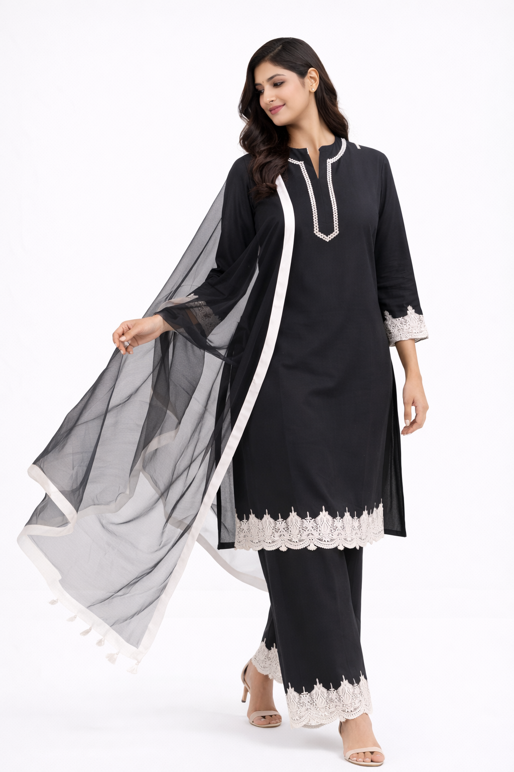 Black Katan Silk Kurti Set with Bell Bottom & Net Dupatta