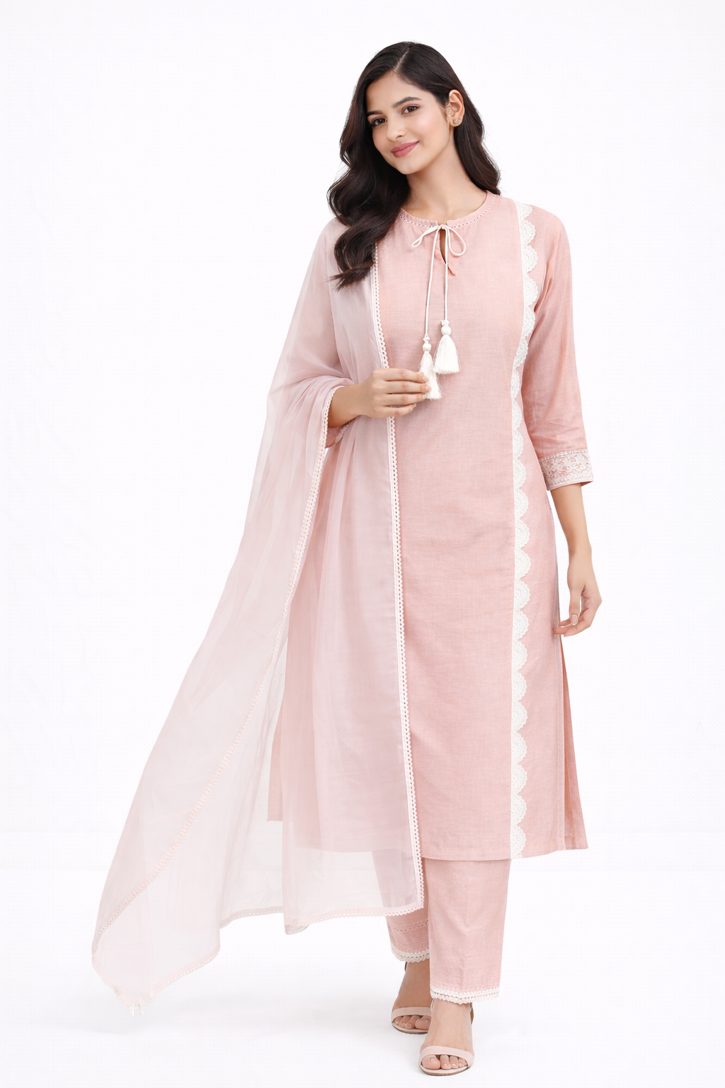 Peach Katan Silk Kurti Set with Pant & Organza Dupatta