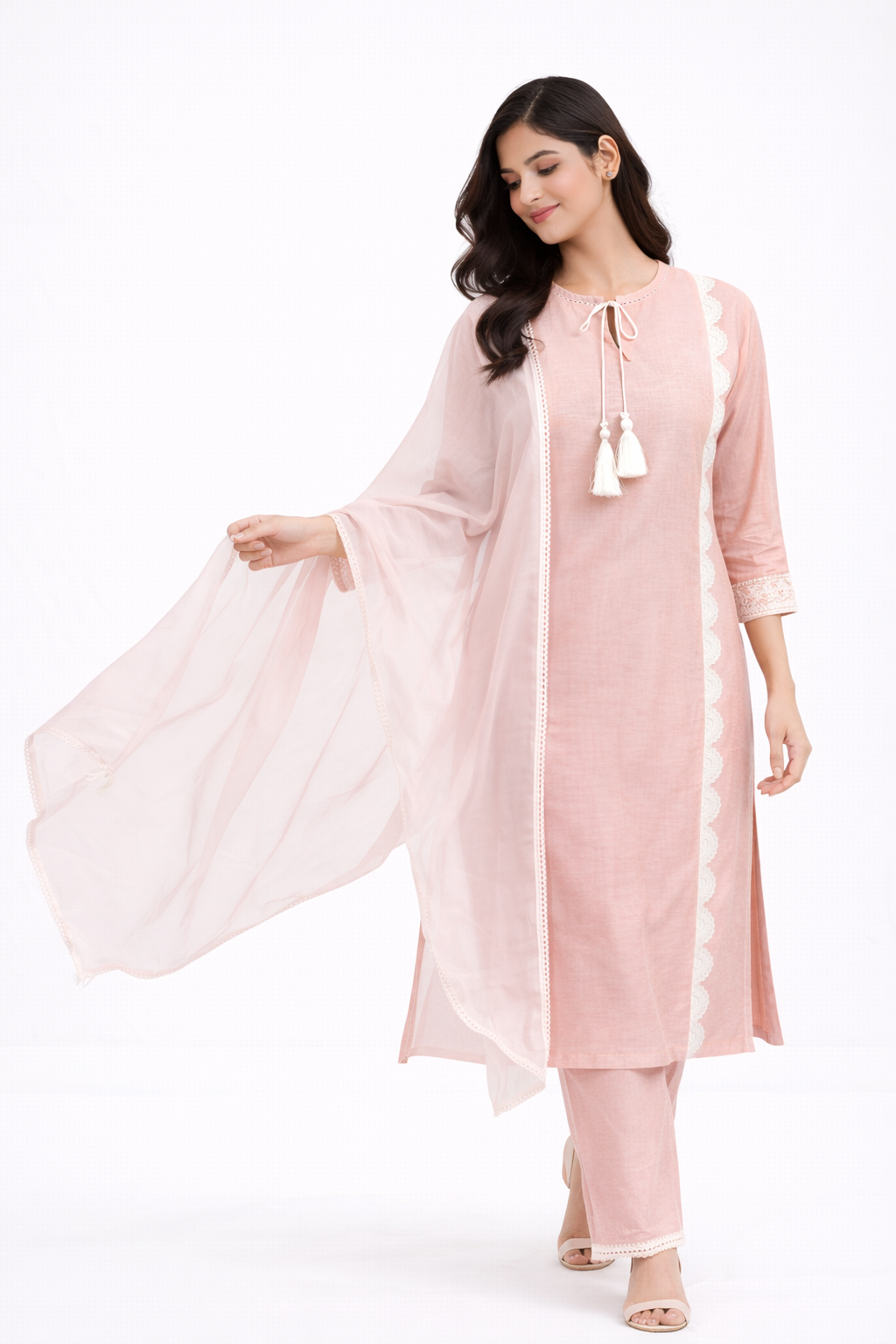 Peach Katan Silk Kurti Set with Pant & Organza Dupatta