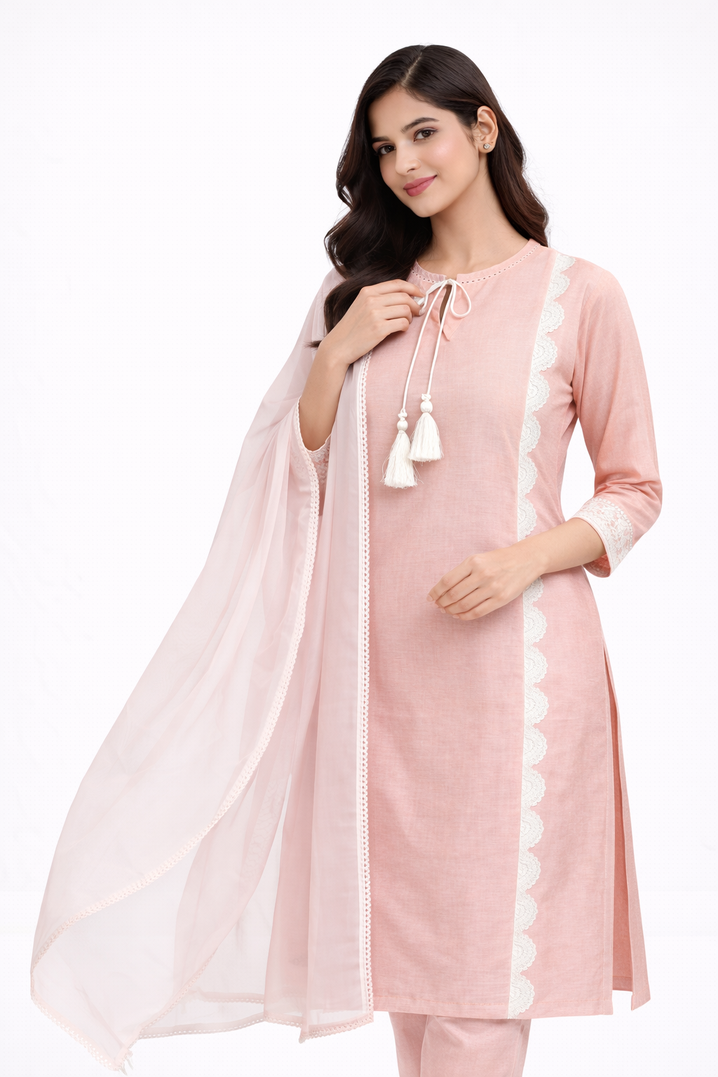 Peach Katan Silk Kurti Set with Pant & Organza Dupatta