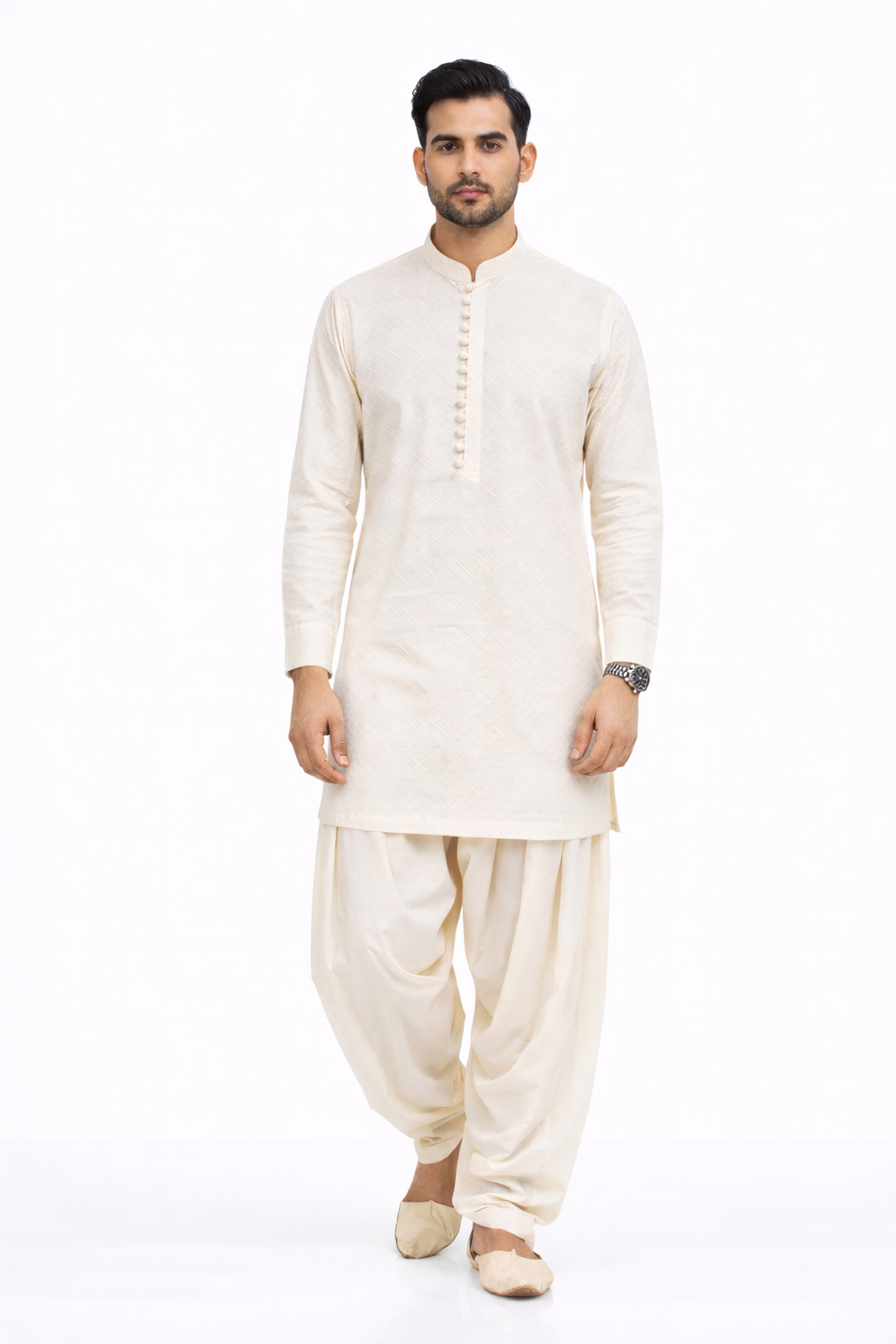 Men’s Light Peach Cotton Jacquard Kurta Set with Off White Patiala