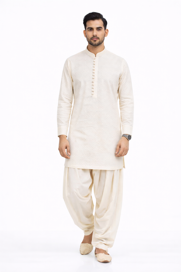 Men’s Light Peach Cotton Jacquard Kurta Set with Off White Patiala
