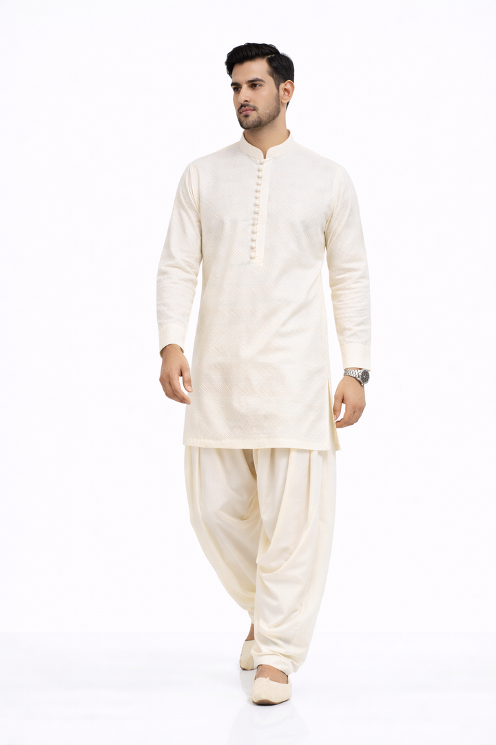 Men’s Light Peach Cotton Jacquard Kurta Set with Off White Patiala