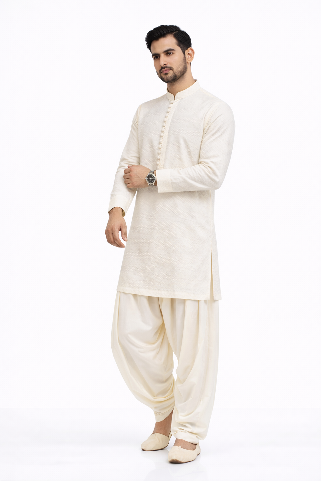Men’s Light Peach Cotton Jacquard Kurta Set with Off White Patiala