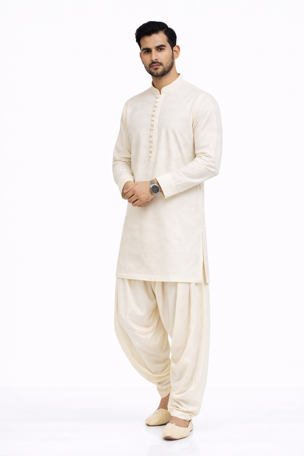 Men’s Light Peach Cotton Jacquard Kurta Set with Off White Patiala