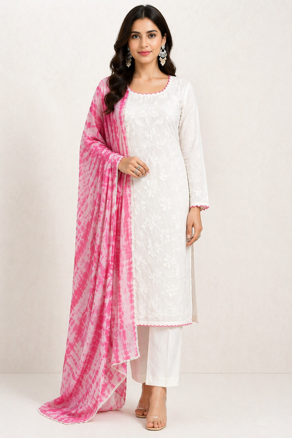 Off White Chanderi Kurti Set with Kora Cotton Pant & Tie-Dye Dupatta