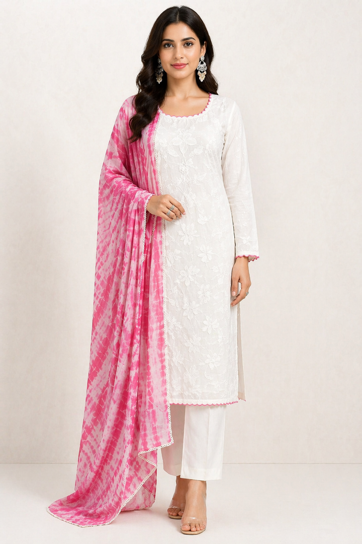 Off White Chanderi Kurti Set with Kora Cotton Pant & Tie-Dye Dupatta