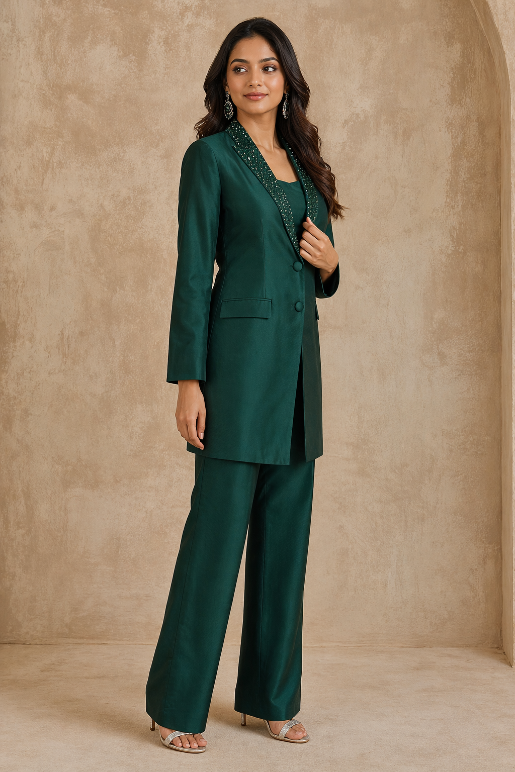 Bottle Green Katan Silk Co-ord Set with Jacket, Bustier & Pant