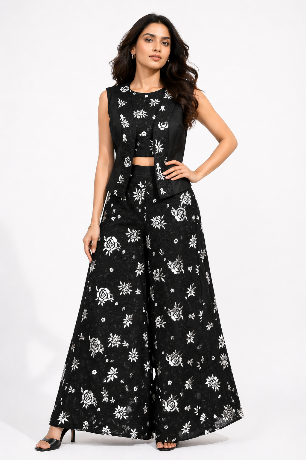 Black Katan Silk Co-ord Set with Bustier & Bell Bottom