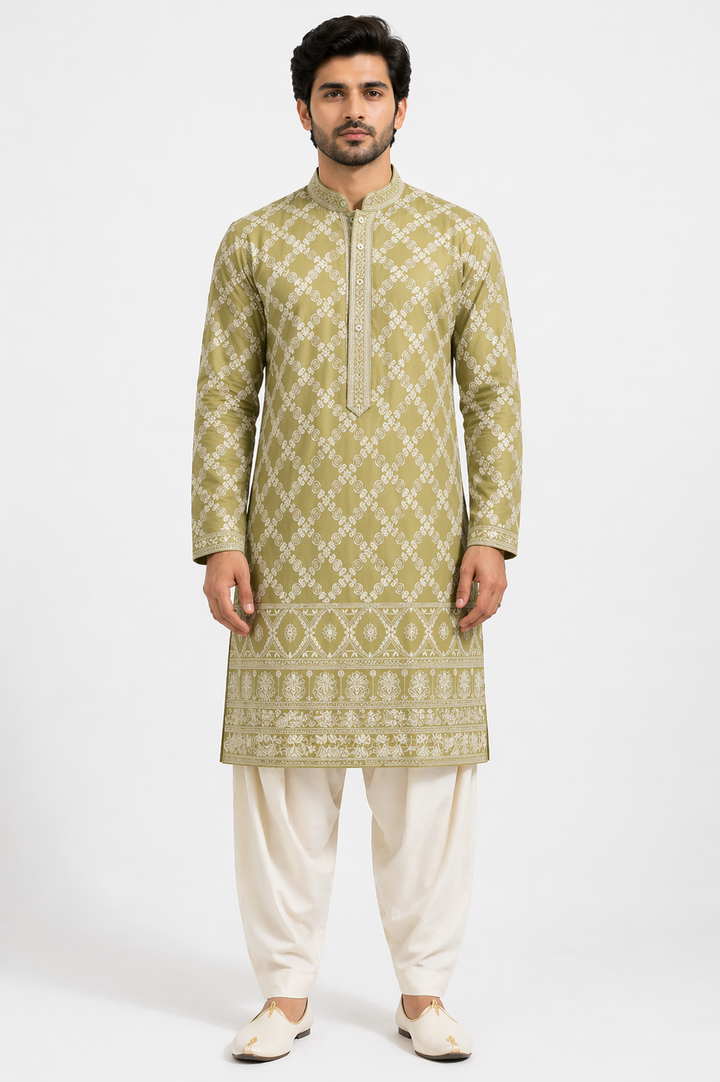 Mint Green Katan Silk Kurta Set with White Patiala