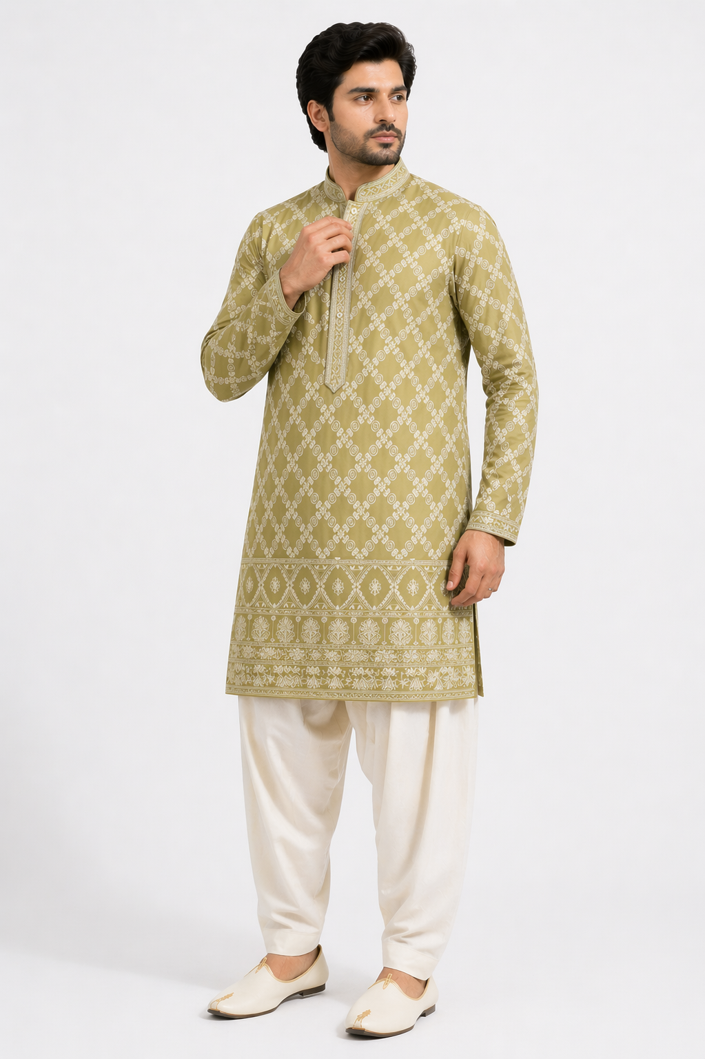 Mint Green Katan Silk Kurta Set with White Patiala