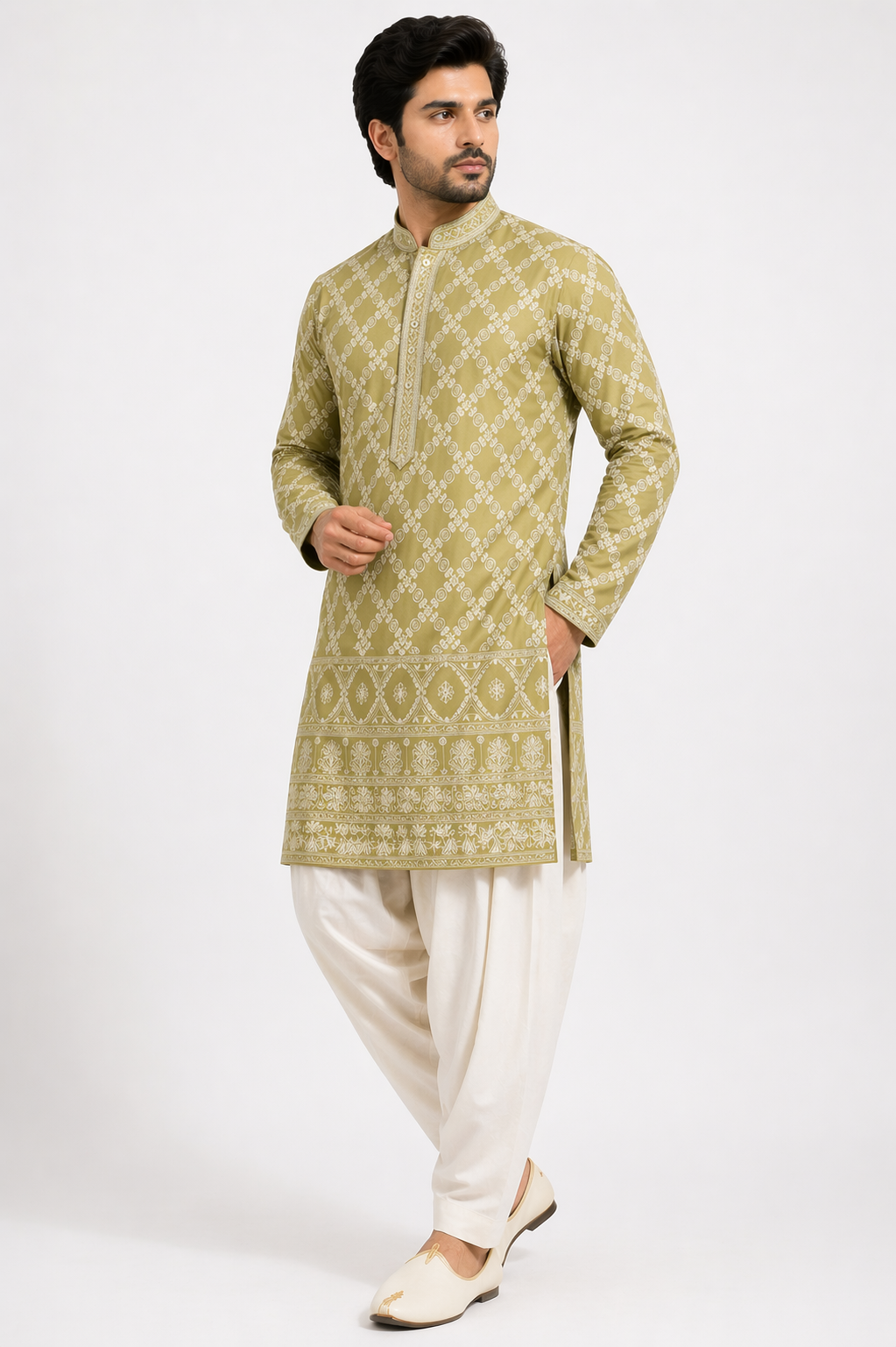 Mint Green Katan Silk Kurta Set with White Patiala