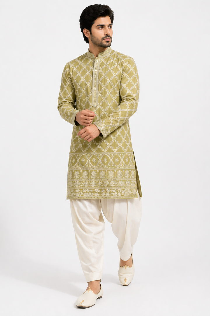 Mint Green Katan Silk Kurta Set with White Patiala