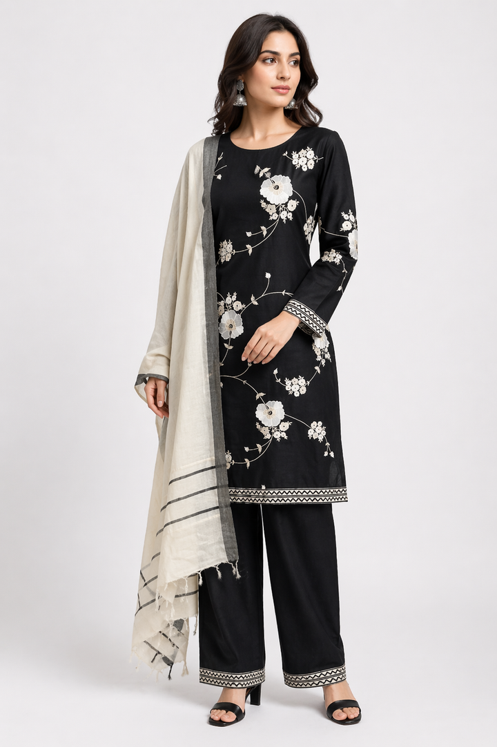 Black Raw Silk Kurti Set with Pant & Off White Stole Dupatta