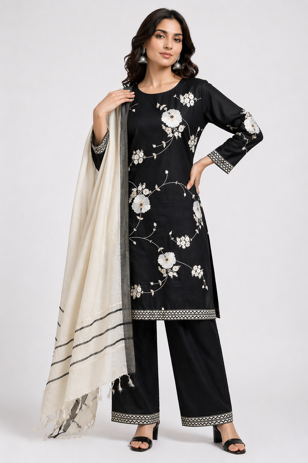 Black Raw Silk Kurti Set with Pant & Off White Stole Dupatta