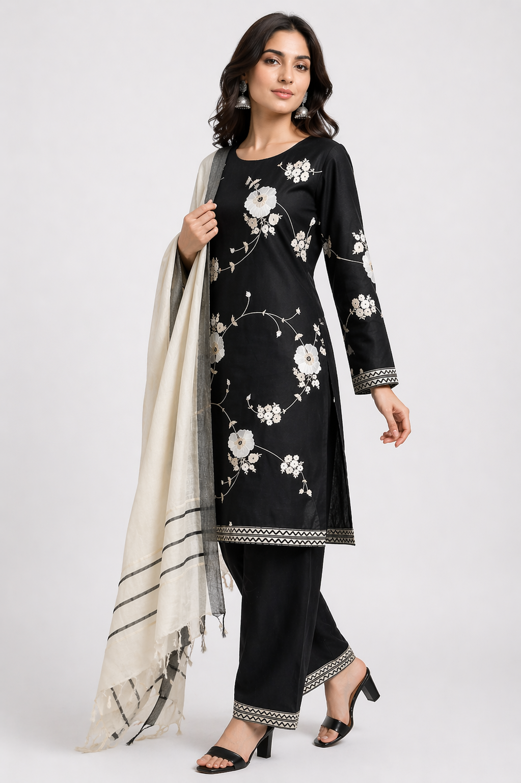 Black Raw Silk Kurti Set with Pant & Off White Stole Dupatta