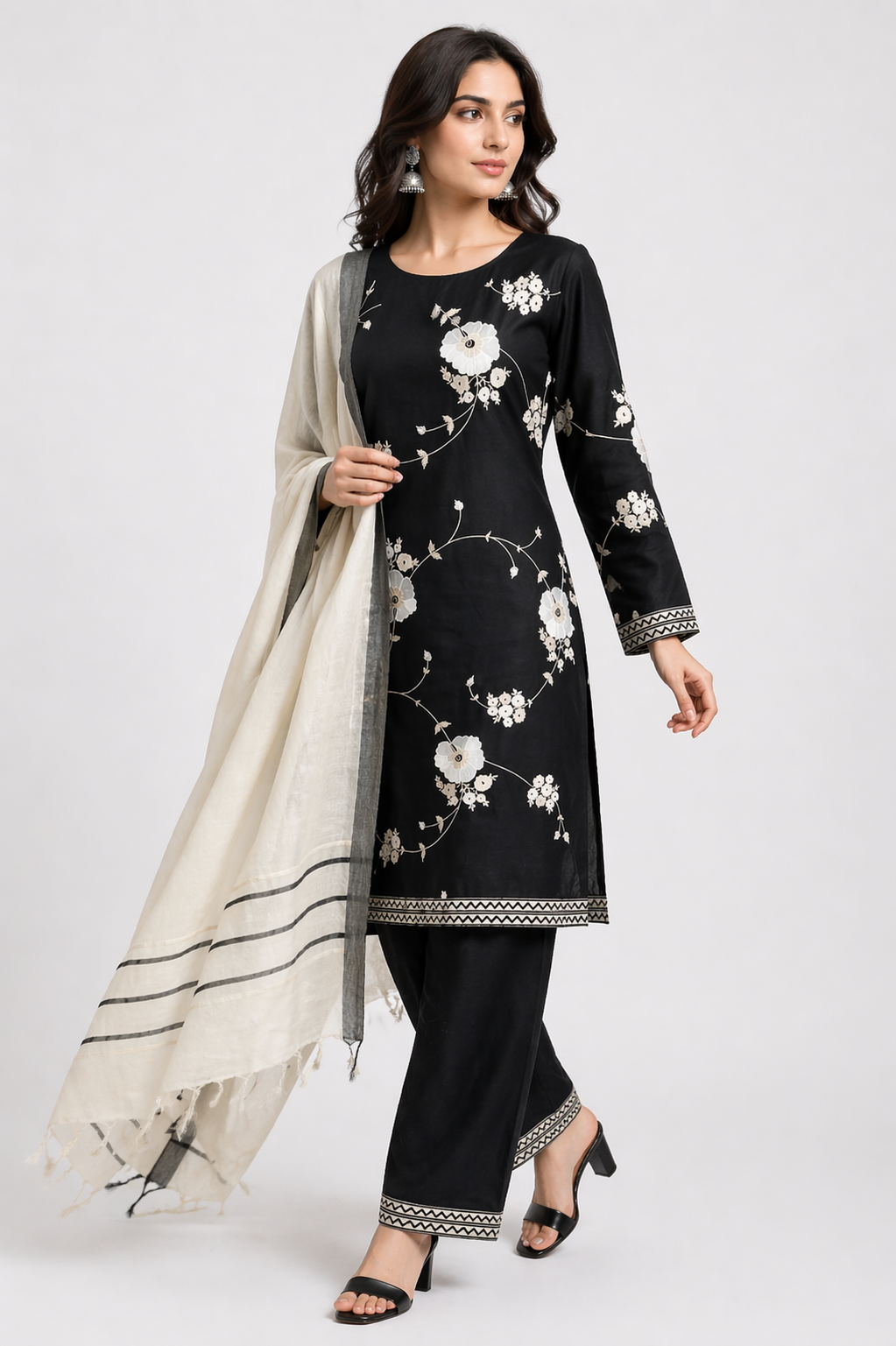Black Raw Silk Kurti Set with Pant & Off White Stole Dupatta