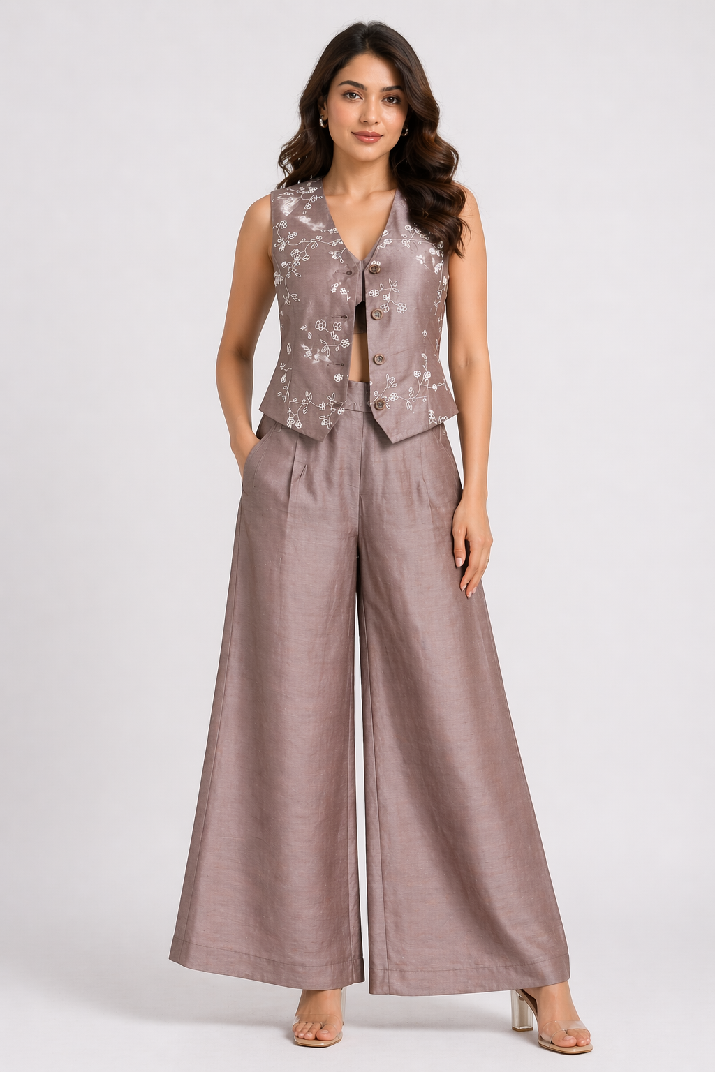 Burgundy Raw Silk Co-ord Set with V-Neck Top & Bell Bottom