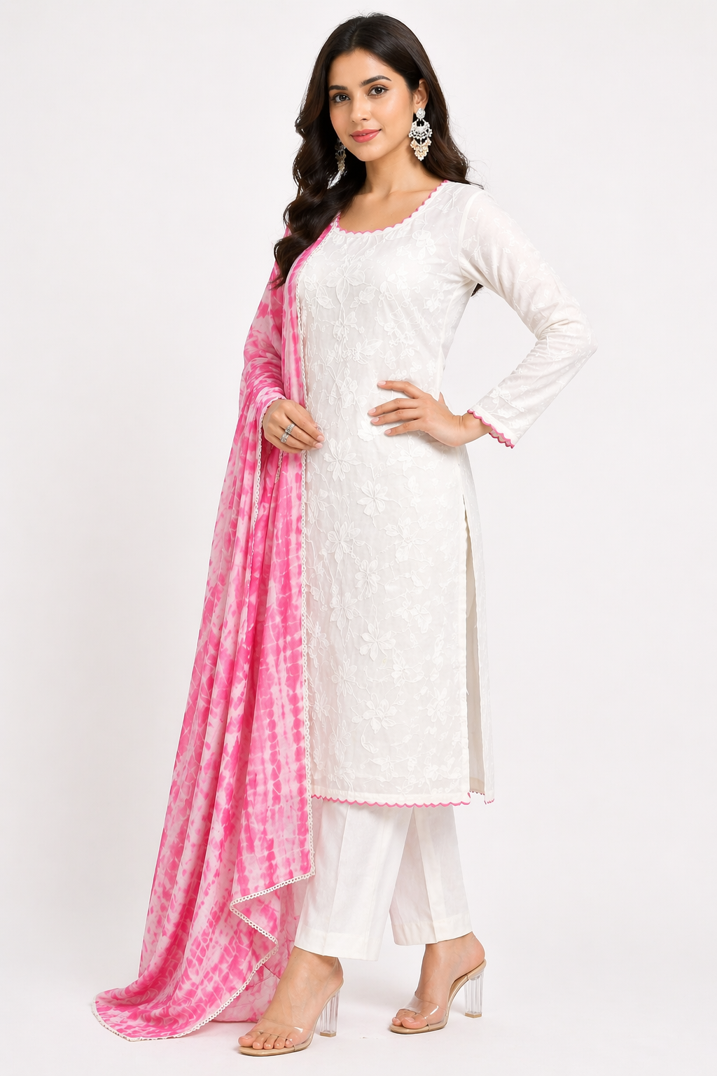 Off White Chanderi Kurti Set with Kora Cotton Pant & Tie-Dye Dupatta