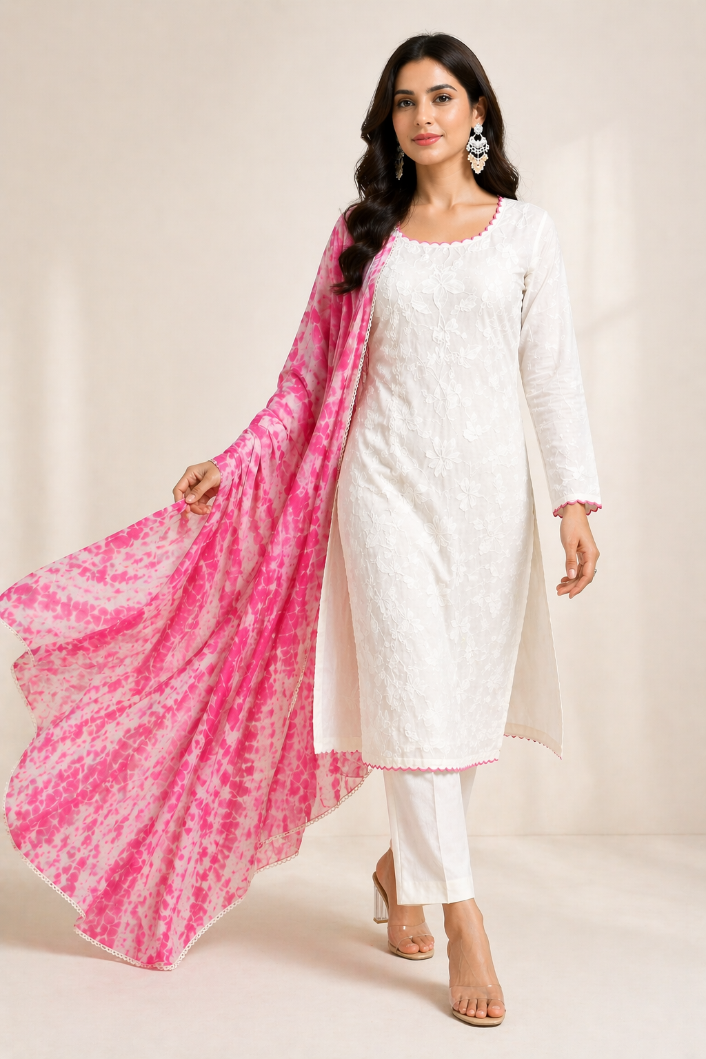 Off White Chanderi Kurti Set with Kora Cotton Pant & Tie-Dye Dupatta