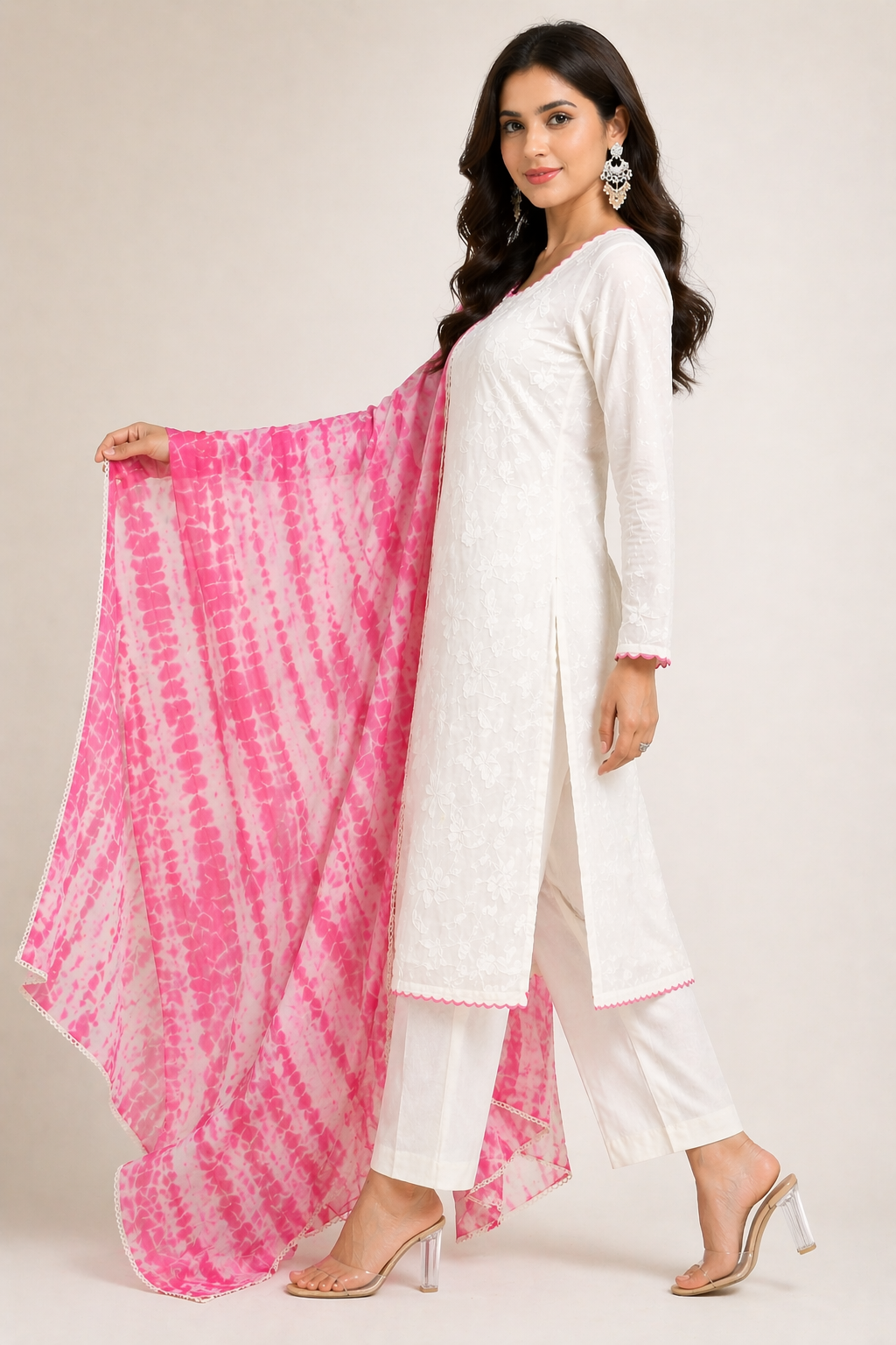Off White Chanderi Kurti Set with Kora Cotton Pant & Tie-Dye Dupatta