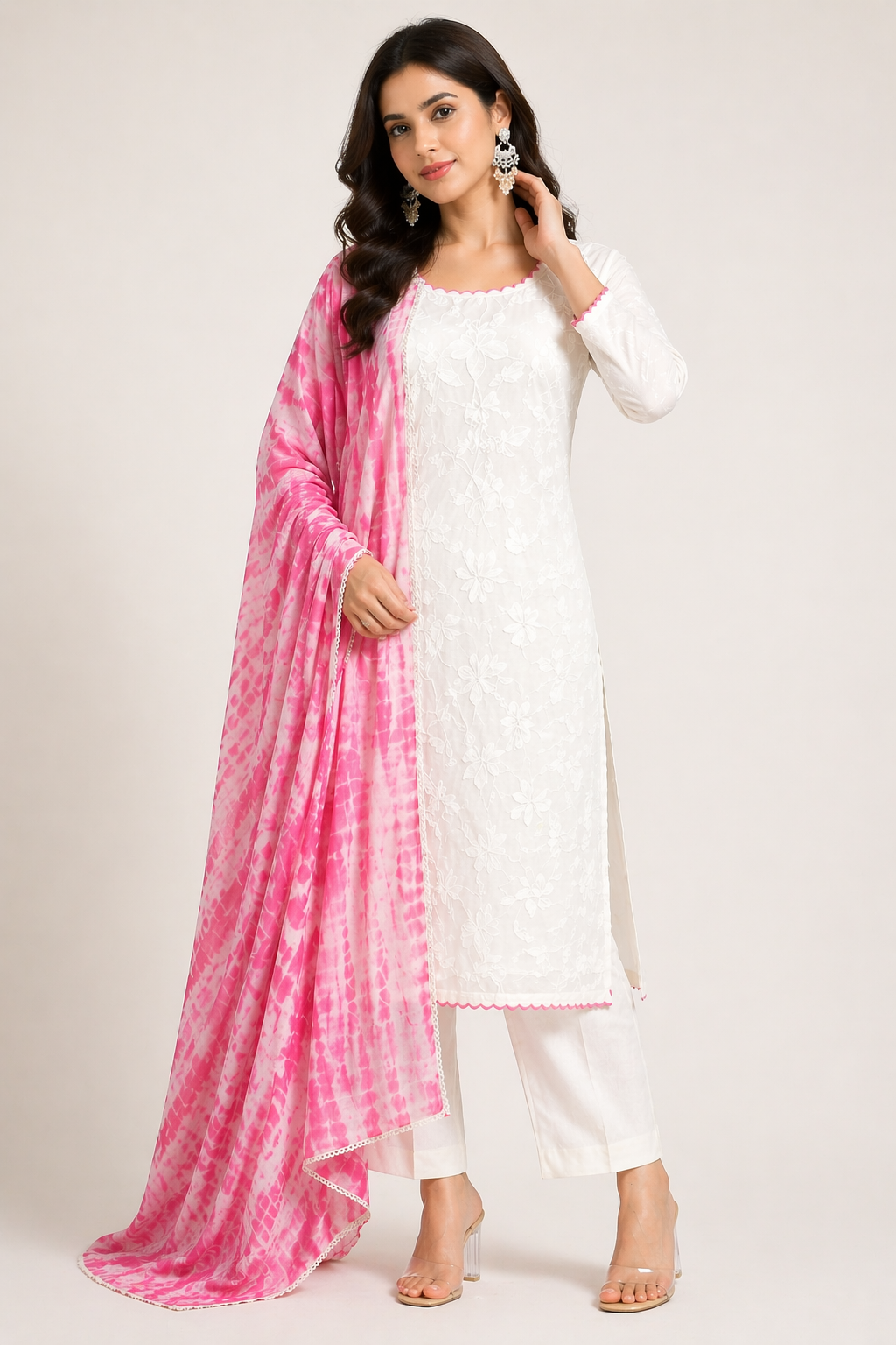 Off White Chanderi Kurti Set with Kora Cotton Pant & Tie-Dye Dupatta