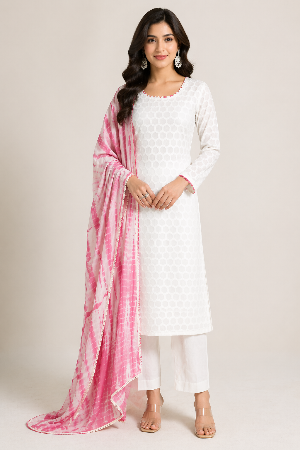 White Viscose Kurti Set with Bamboo Silk Pant & Tie-Dye Chanderi Dupatta