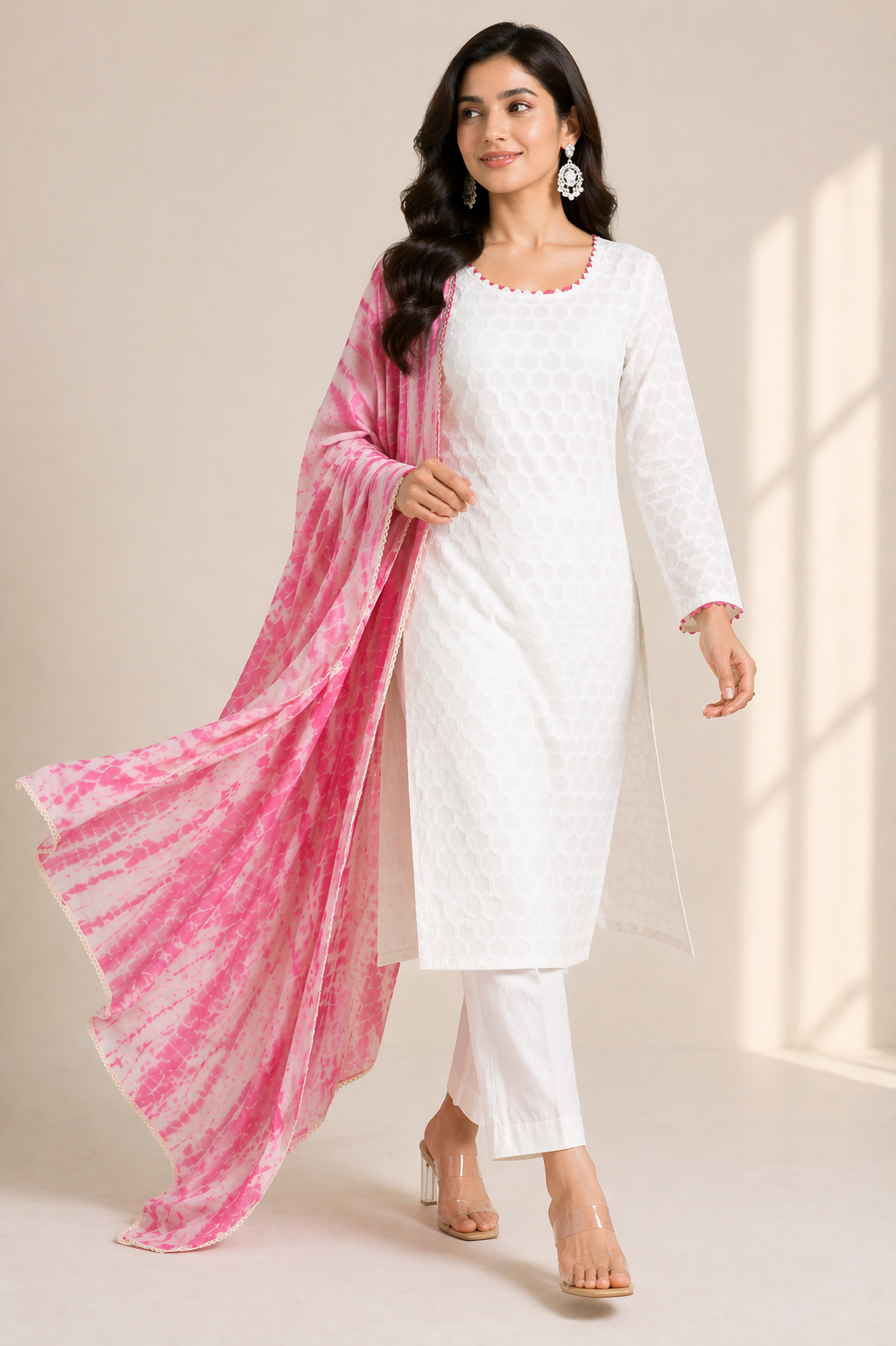 White Viscose Kurti Set with Bamboo Silk Pant & Tie-Dye Chanderi Dupatta