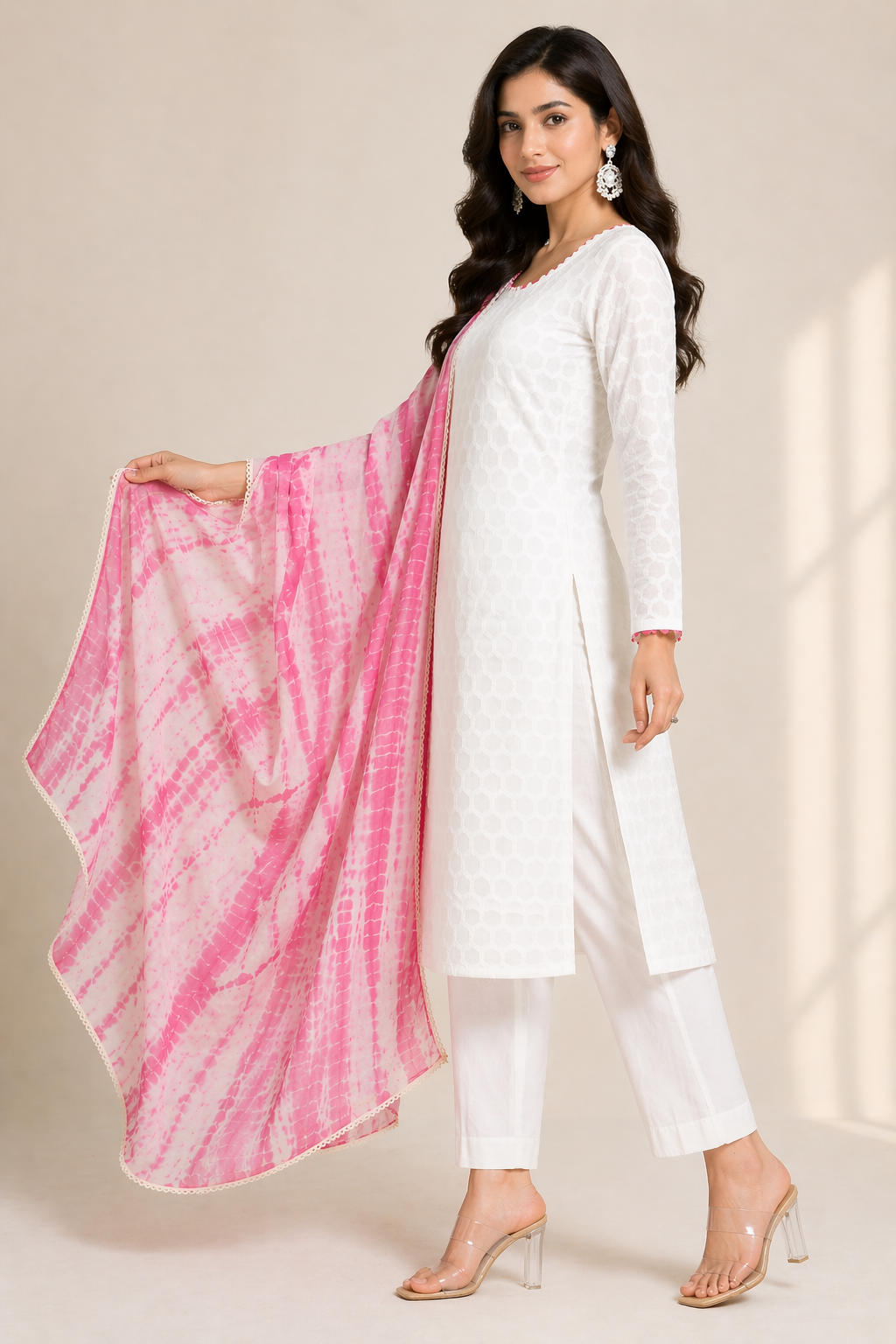 White Viscose Kurti Set with Bamboo Silk Pant & Tie-Dye Chanderi Dupatta