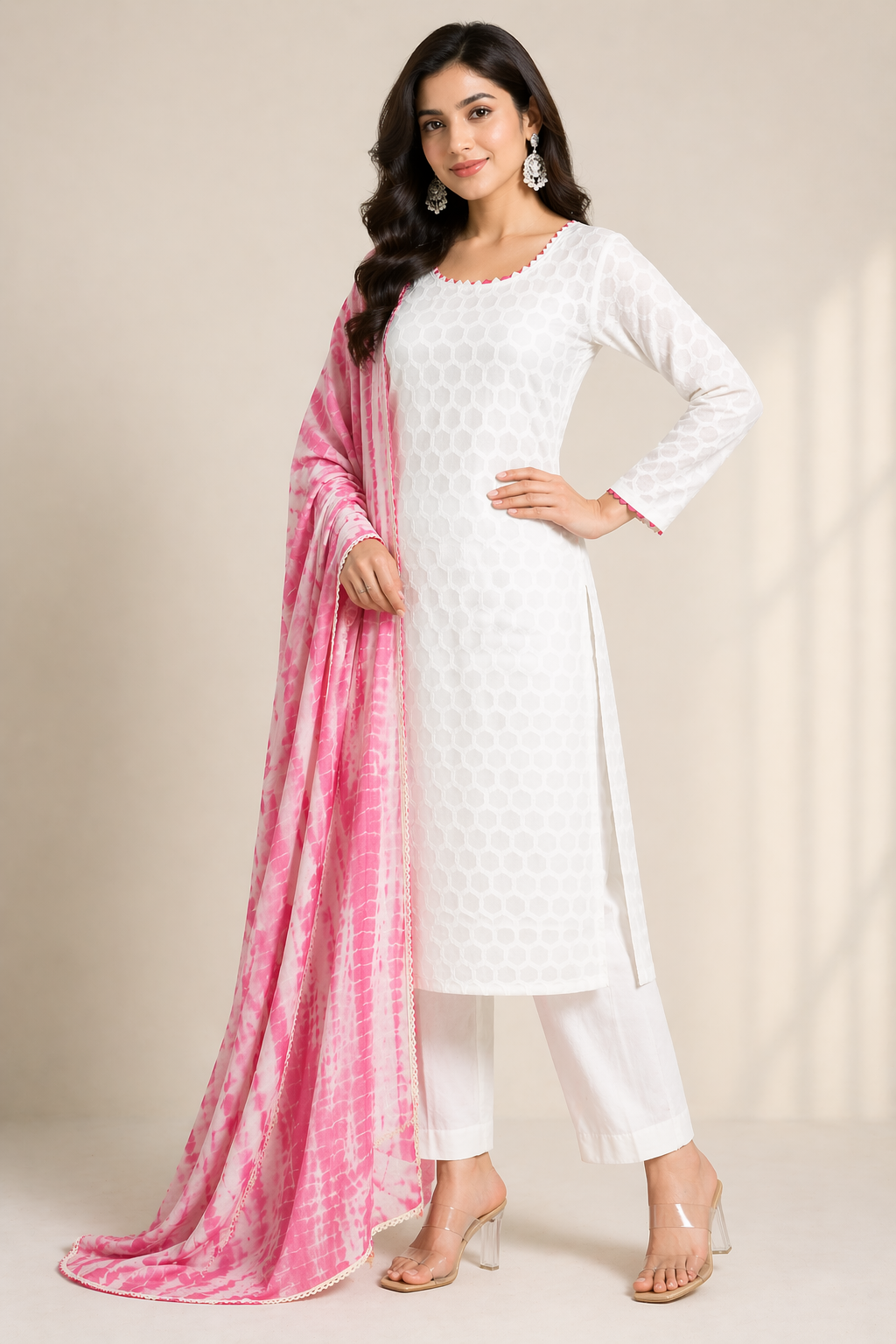 White Viscose Kurti Set with Bamboo Silk Pant & Tie-Dye Chanderi Dupatta