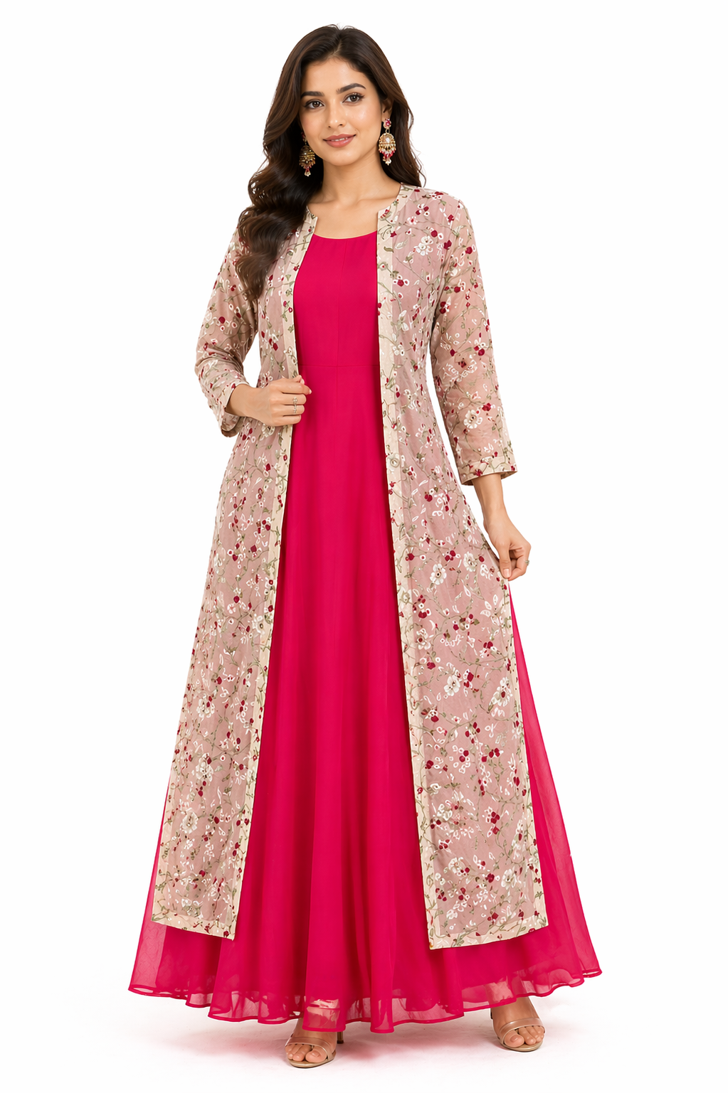 Tomato Red Anarkali with Light Beige Jacket