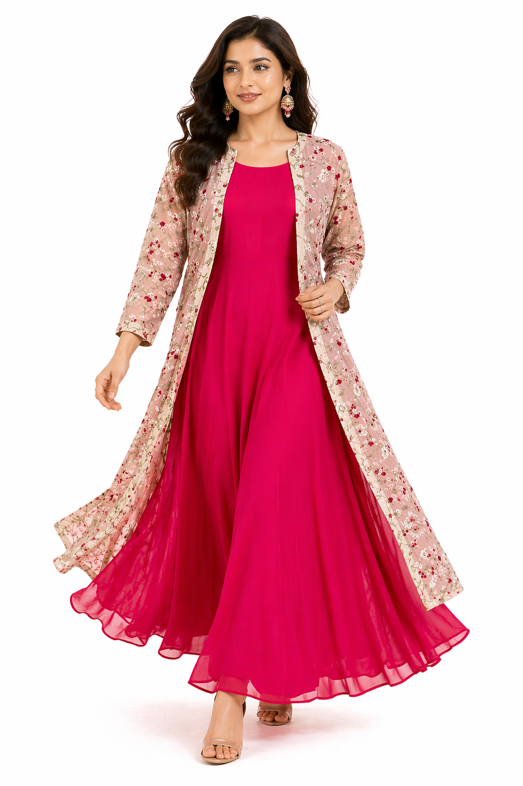 Tomato Red Anarkali with Light Beige Jacket