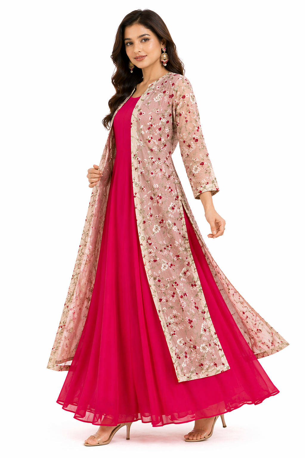Tomato Red Anarkali with Light Beige Jacket