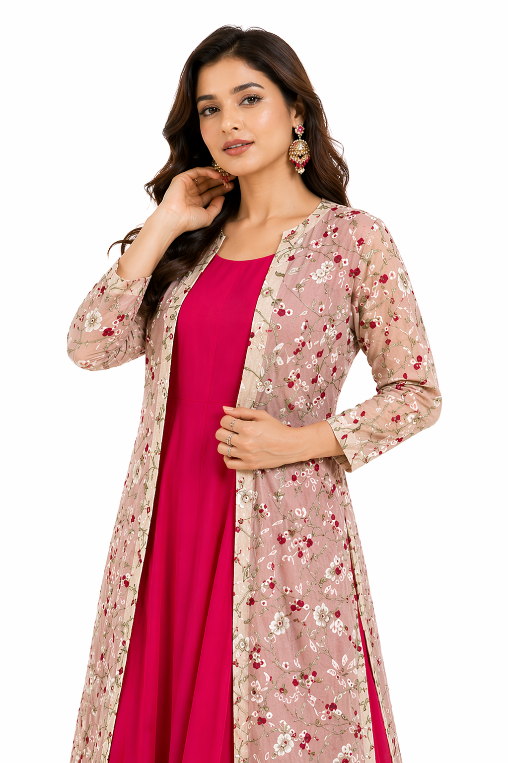 Tomato Red Anarkali with Light Beige Jacket