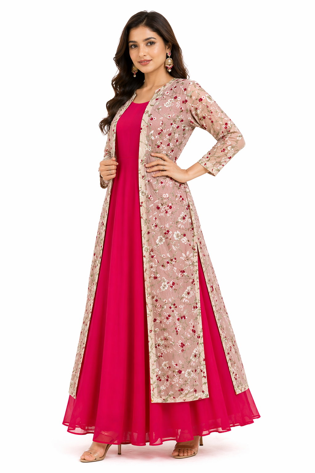 Tomato Red Anarkali with Light Beige Jacket
