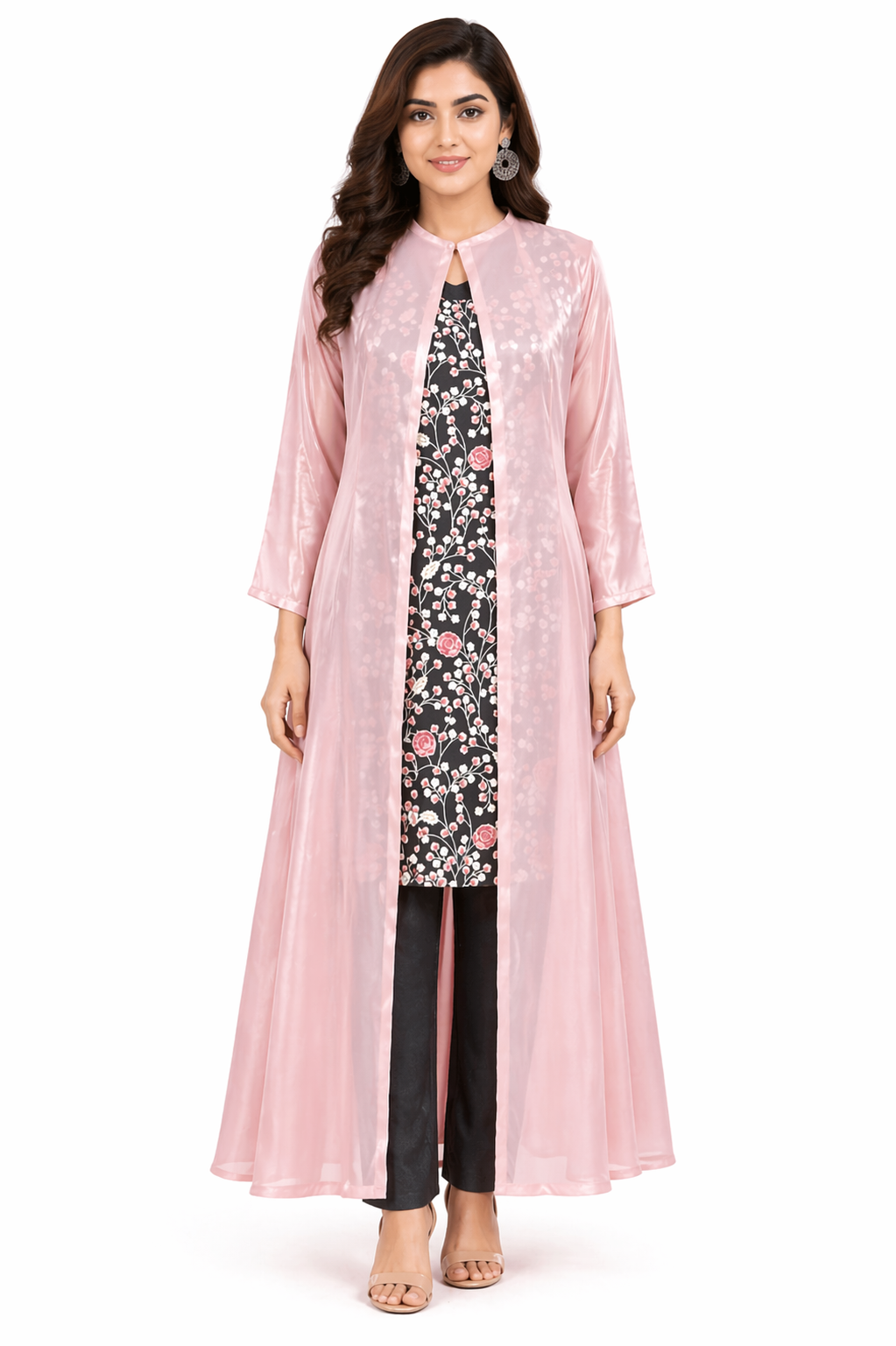 Cedar Kurti Set with Flamingo Pink Tissue Jacket & Kora Cotton Pant