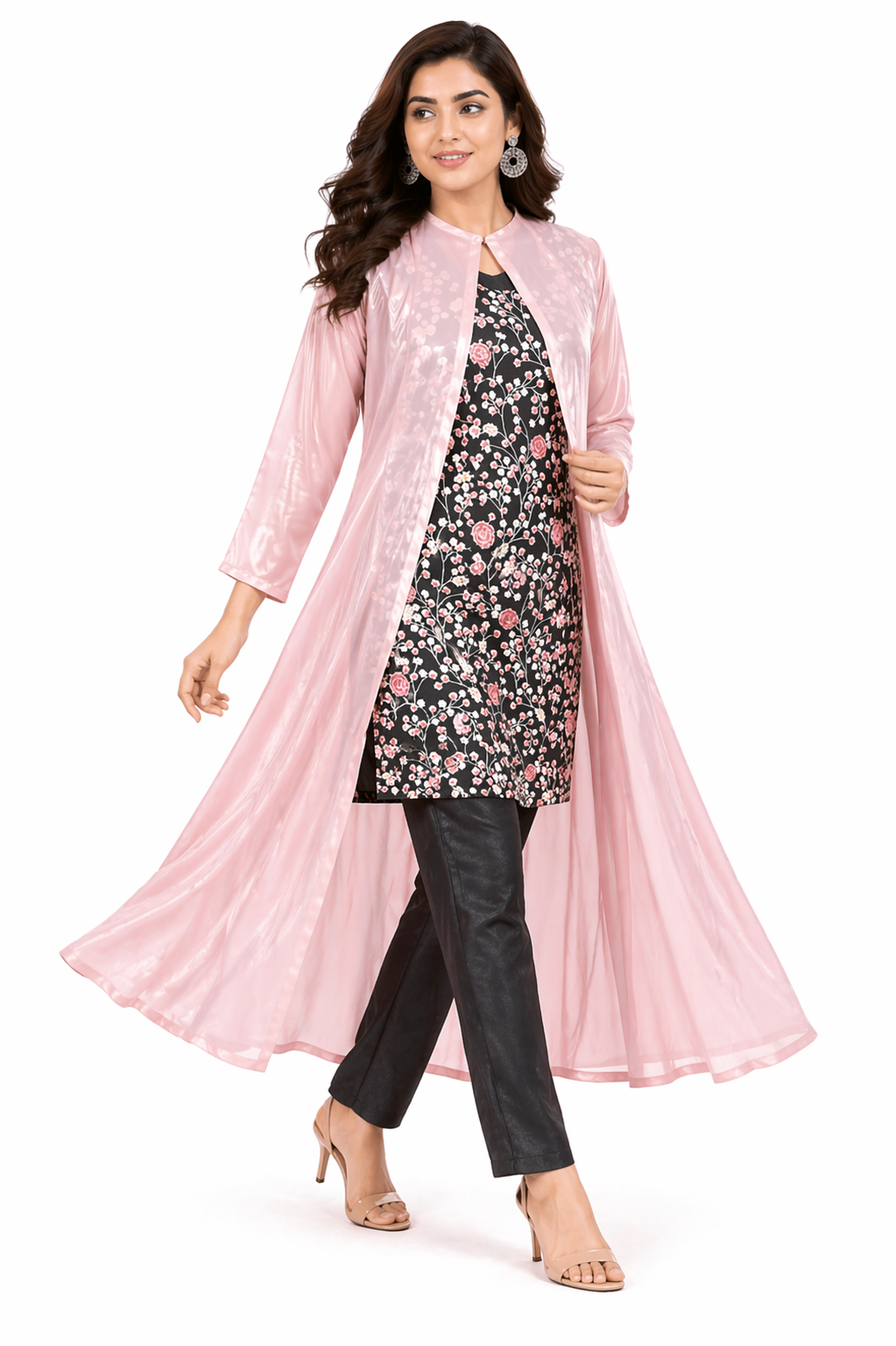 Cedar Kurti Set with Flamingo Pink Tissue Jacket & Kora Cotton Pant