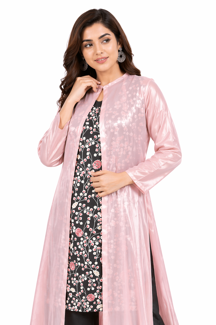 Cedar Kurti Set with Flamingo Pink Tissue Jacket & Kora Cotton Pant